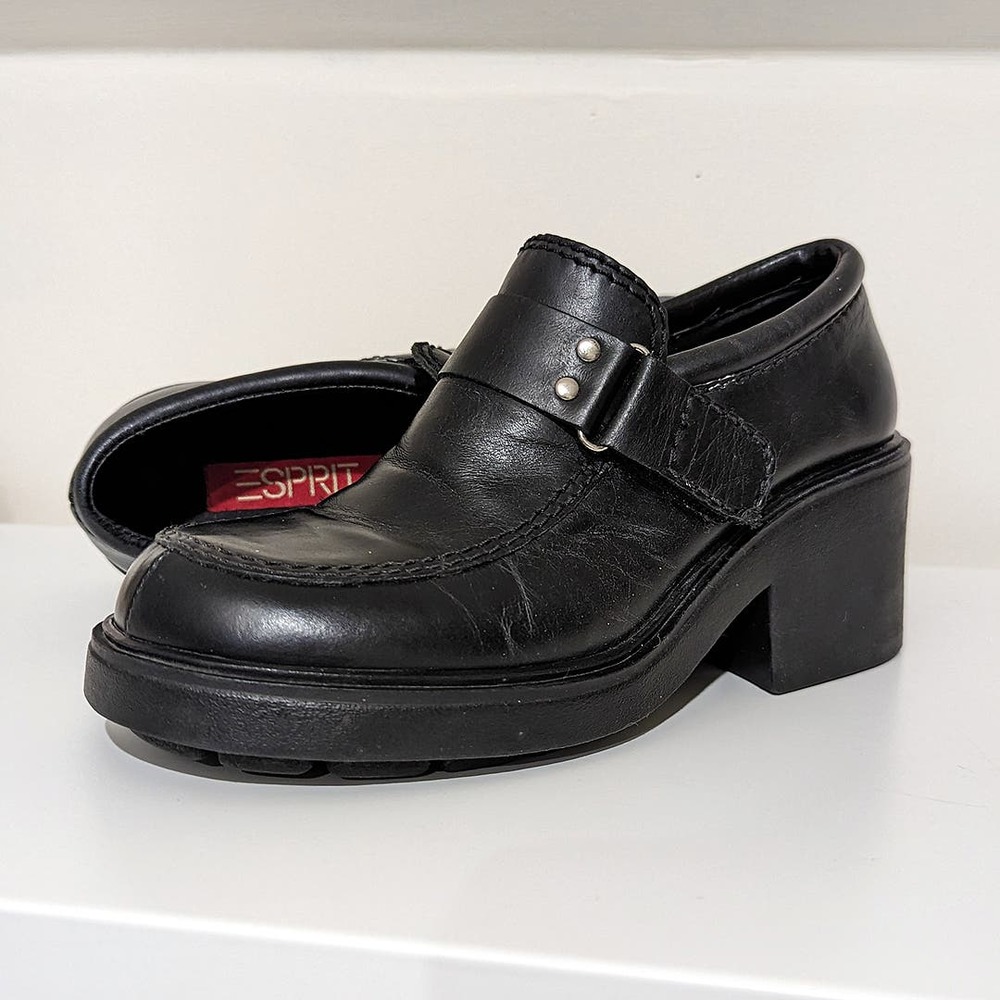 Vintage Esprit Black Leather Chunky Loafers.